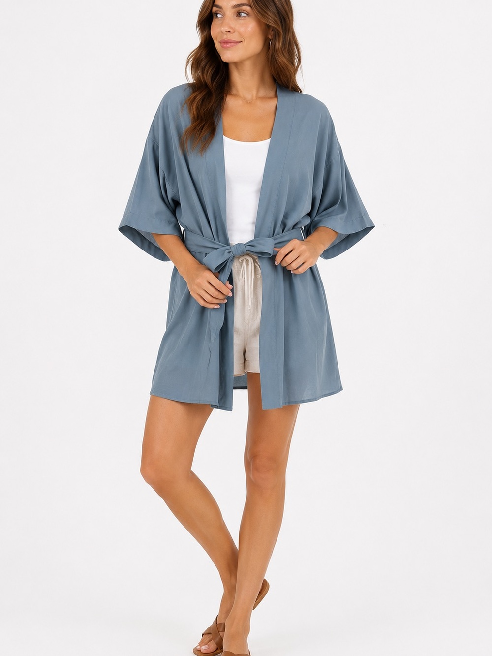 Wilfred Slate Blue Satin Kimono Robe with Waist Tie